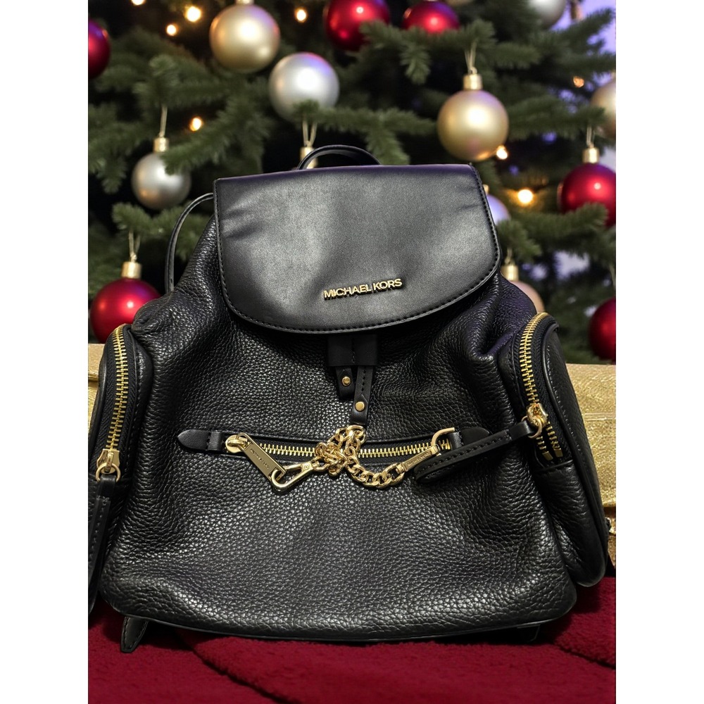 Michael Kors Black Leather Convertible Backpack Gold Chain Detail